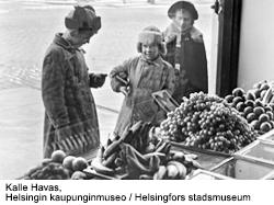 H. W. Bredströmin hedelmä- ja siirtomaatavarakauppa, näyteikkuna myymälän sisältä kuvattuna, Runeberginkatu 34.