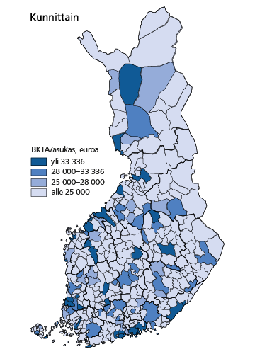 Bruttokansantuote asukasta kohti 2010. Kunnittain. Vuoden 2010 aluerajat. Lähde: Tilastokeskus
