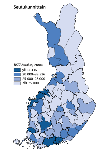 Bruttokansantuote asukasta kohti 2010. Seutukunnittain. Vuoden 2010 aluerajat. Lähde: Tilastokeskus