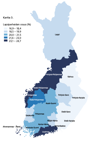 Kartta 3. Lapsiperheiden osuus asuntokunnista 2016. Lähde: Tilastokeskus, asunnot ja asuinolot